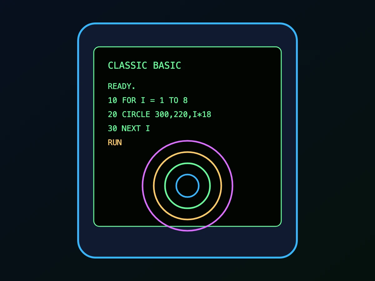 Classic BASIC hero artwork showing a mobile retro programming screen.