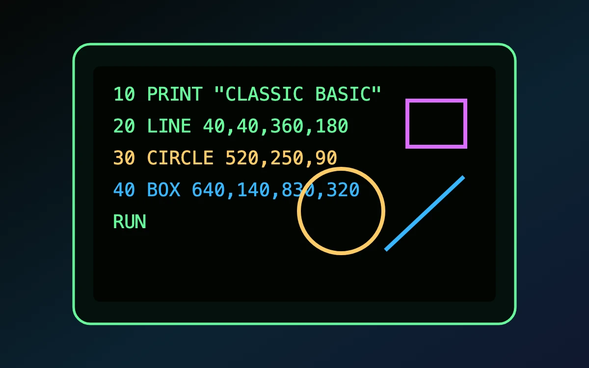 Classic BASIC promotional image with a retro terminal and graphics demo.