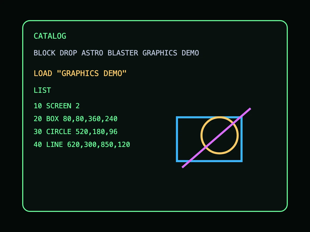Classic BASIC terminal and graphics mode promotional image.
