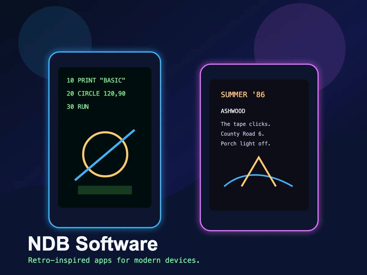 Promotional artwork for NDB Software apps showing retro-inspired software screens.