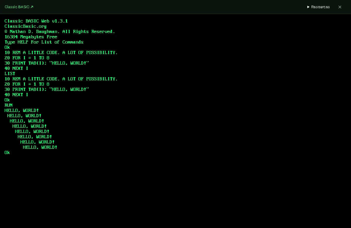 Classic BASIC Web running a line-numbered loop that prints Hello, World in its green terminal.