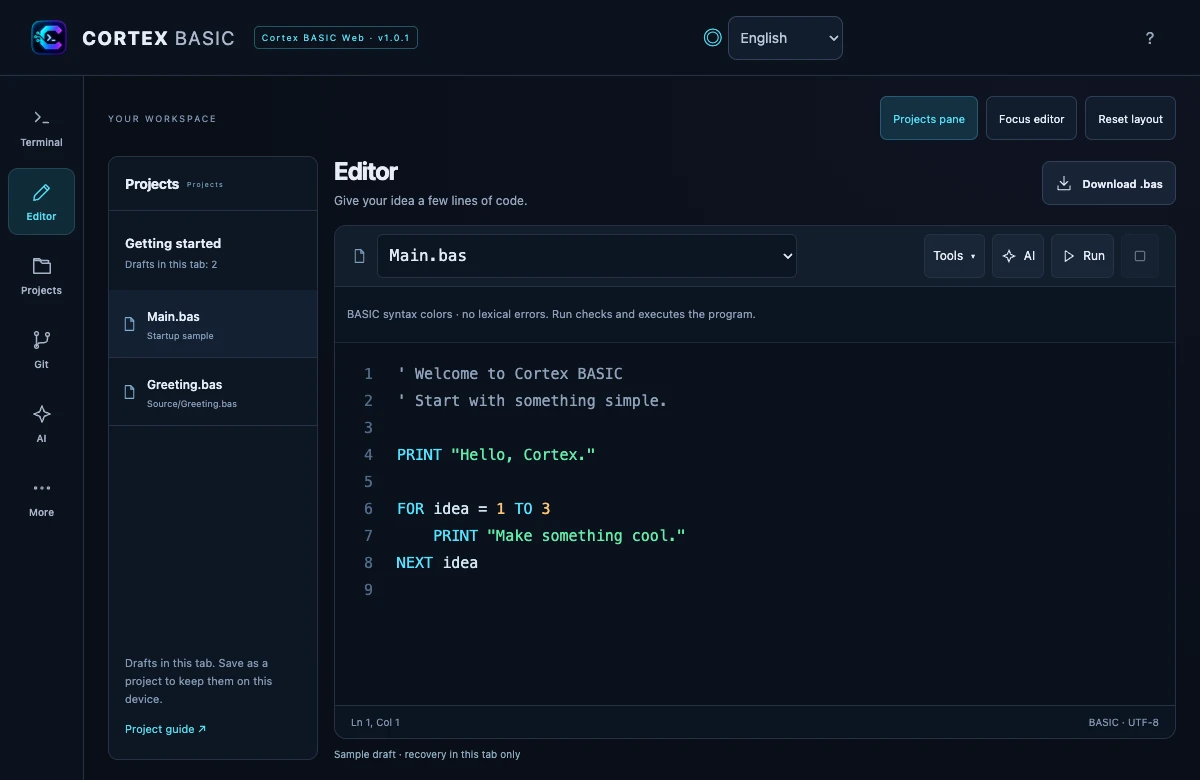 Cortex BASIC Web IDE showing the projects sidebar and syntax-highlighted BASIC startup sample in the editor.