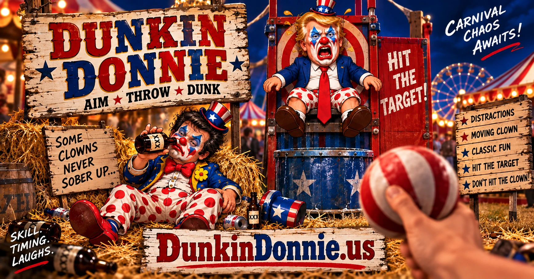 Dunkin’ Donnie carnival artwork: a wooden game sign, cartoon Donnie perched above a dunk tank, a clown lounging on hay, and a ball aimed toward the target. Aim. Throw. Dunk. Carnival chaos awaits! DunkinDonnie.us.