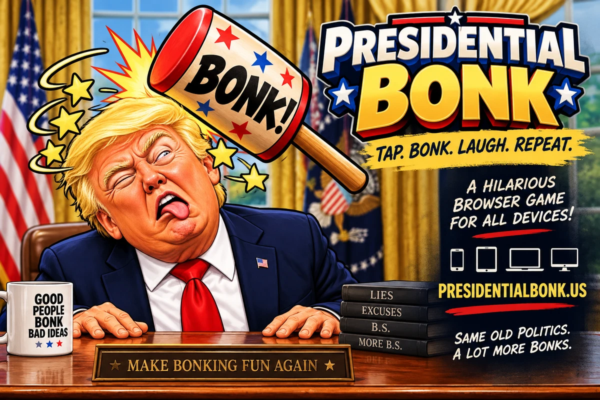 Presidential Bonk! game logo and official promotional artwork: a cartoon character, comic mallet, and stars. Tap. Bonk. Laugh. Repeat. A browser game for phones, tablets, and computers at presidentialbonk.us. Good people bonk bad ideas. Make bonking fun again. Same old politics. A lot more bonks.