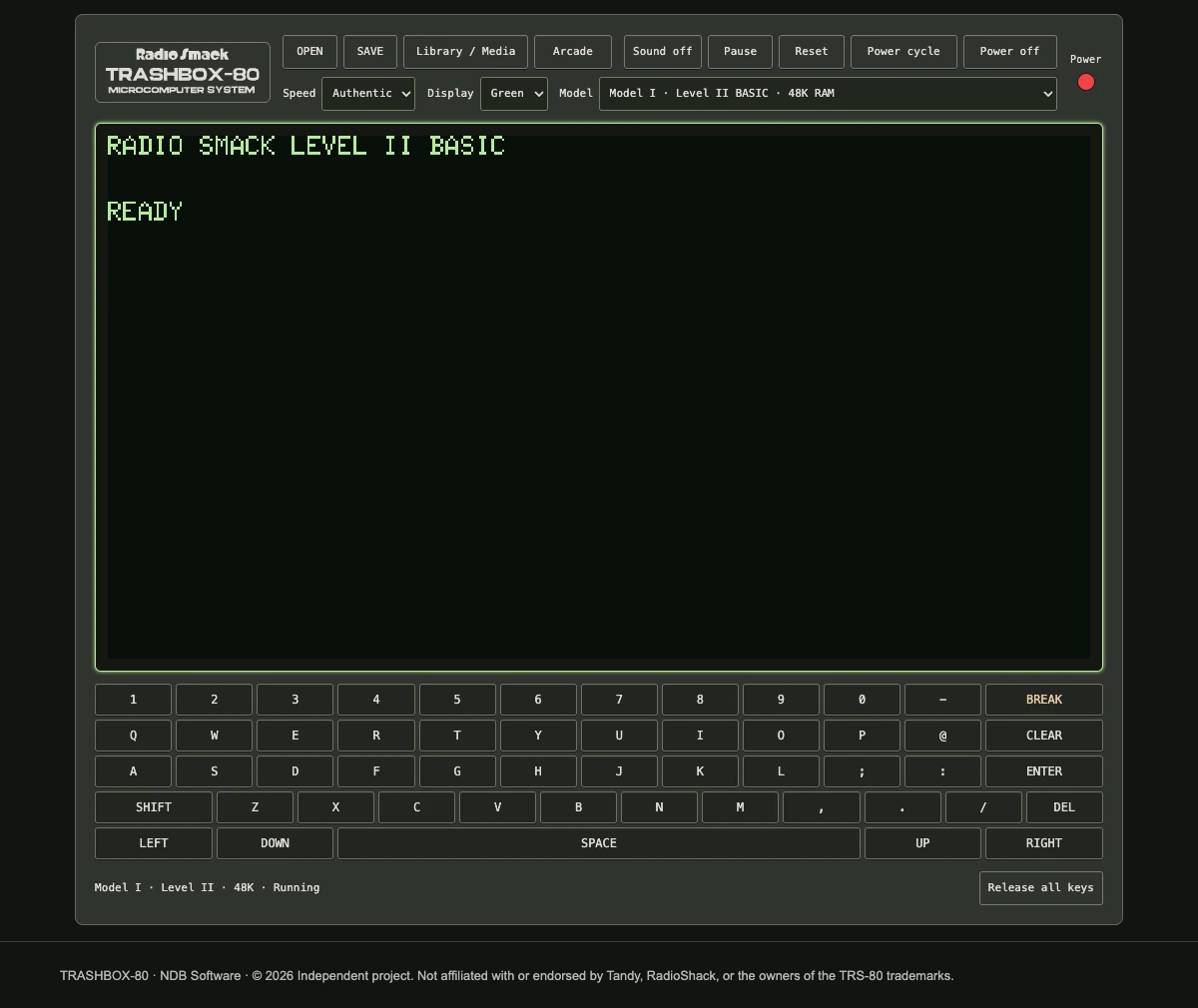 TrashBox-80 browser microcomputer with its green BASIC screen, controls, and on-screen keyboard.