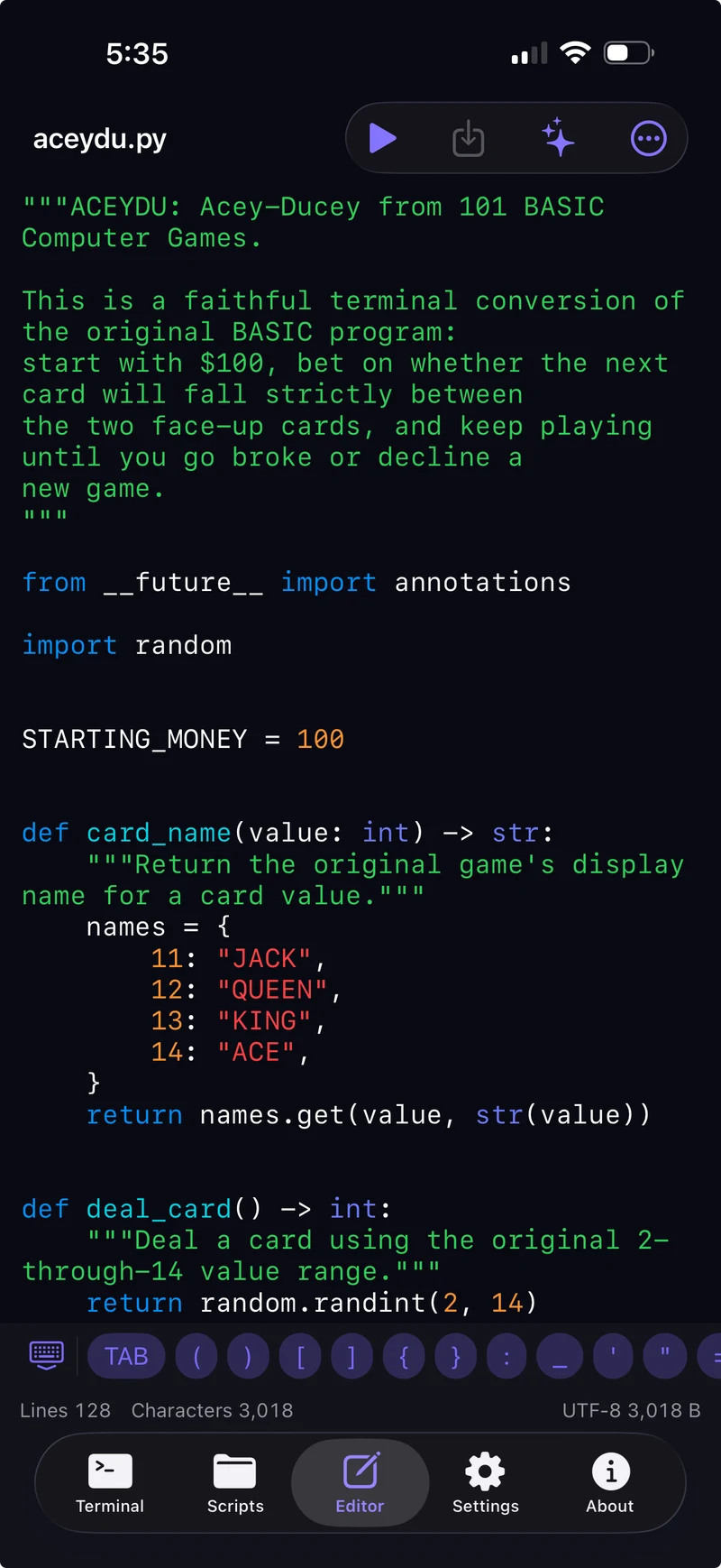 Vesper Python on iPhone showing the Acey-Deucey Python script, syntax highlighting, coding keys, and editor navigation.